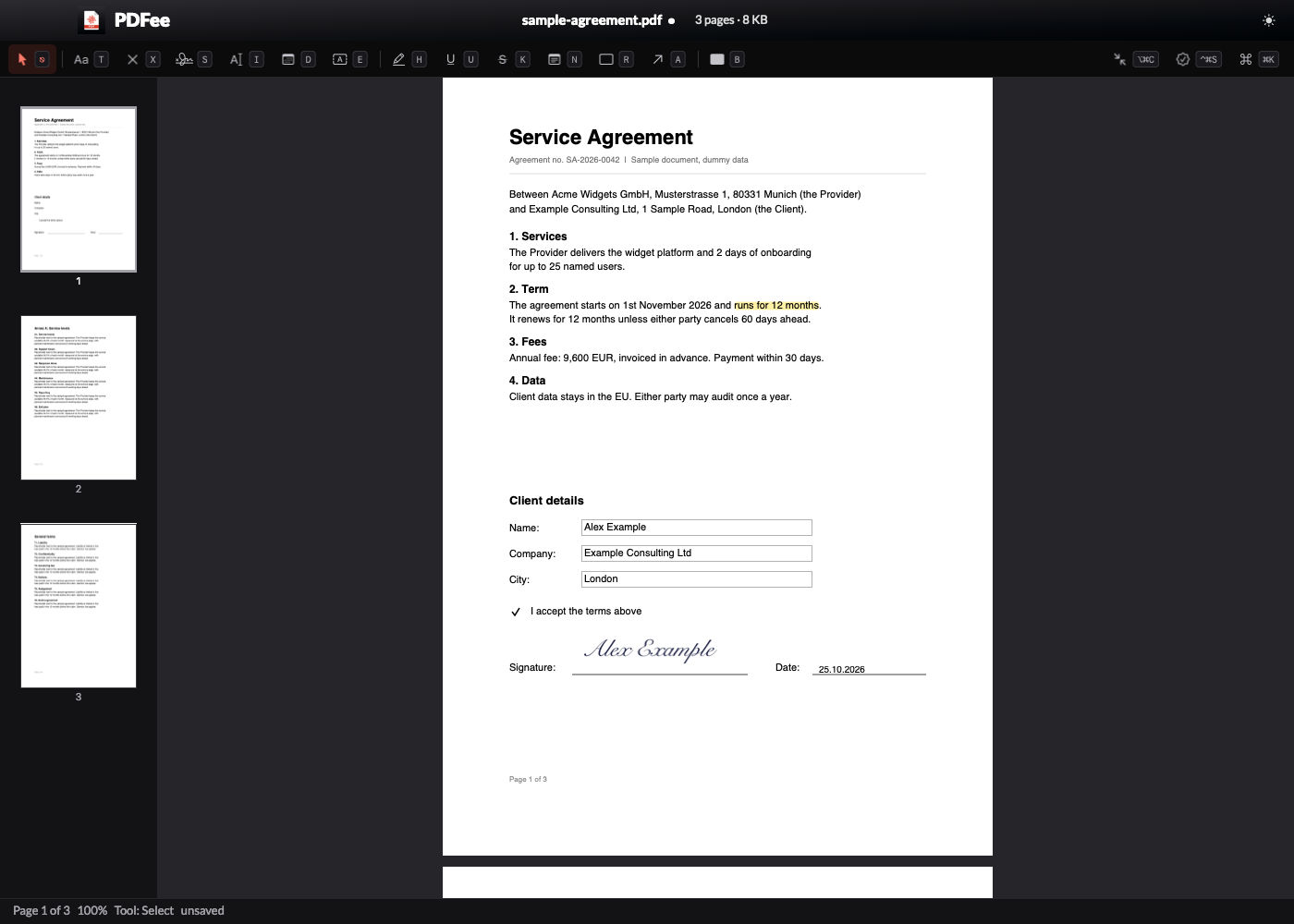 PDFee in dark mode with a sample service agreement: page thumbnails on the left, a tool bar with 1 key per tool, the form fields filled with a dummy name and company, a highlighted phrase, a tick, a handwritten signature and today's date placed on the signature line
