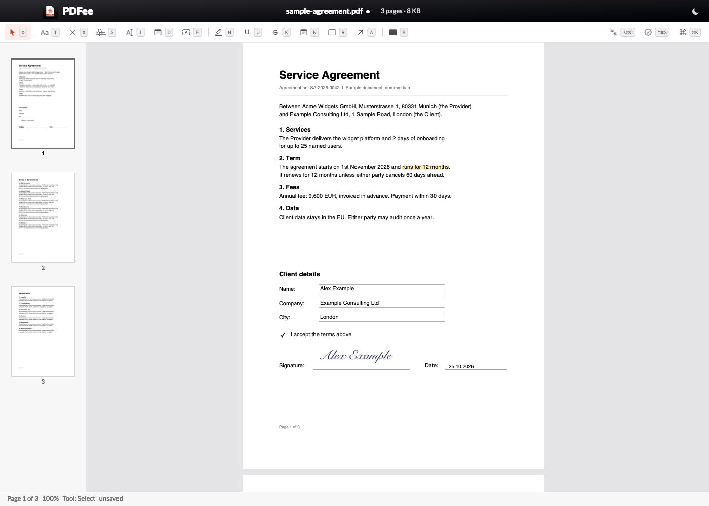 The same sample agreement in PDFee's light mode: white chrome, light grey page background, the same filled fields, highlight, signature and date