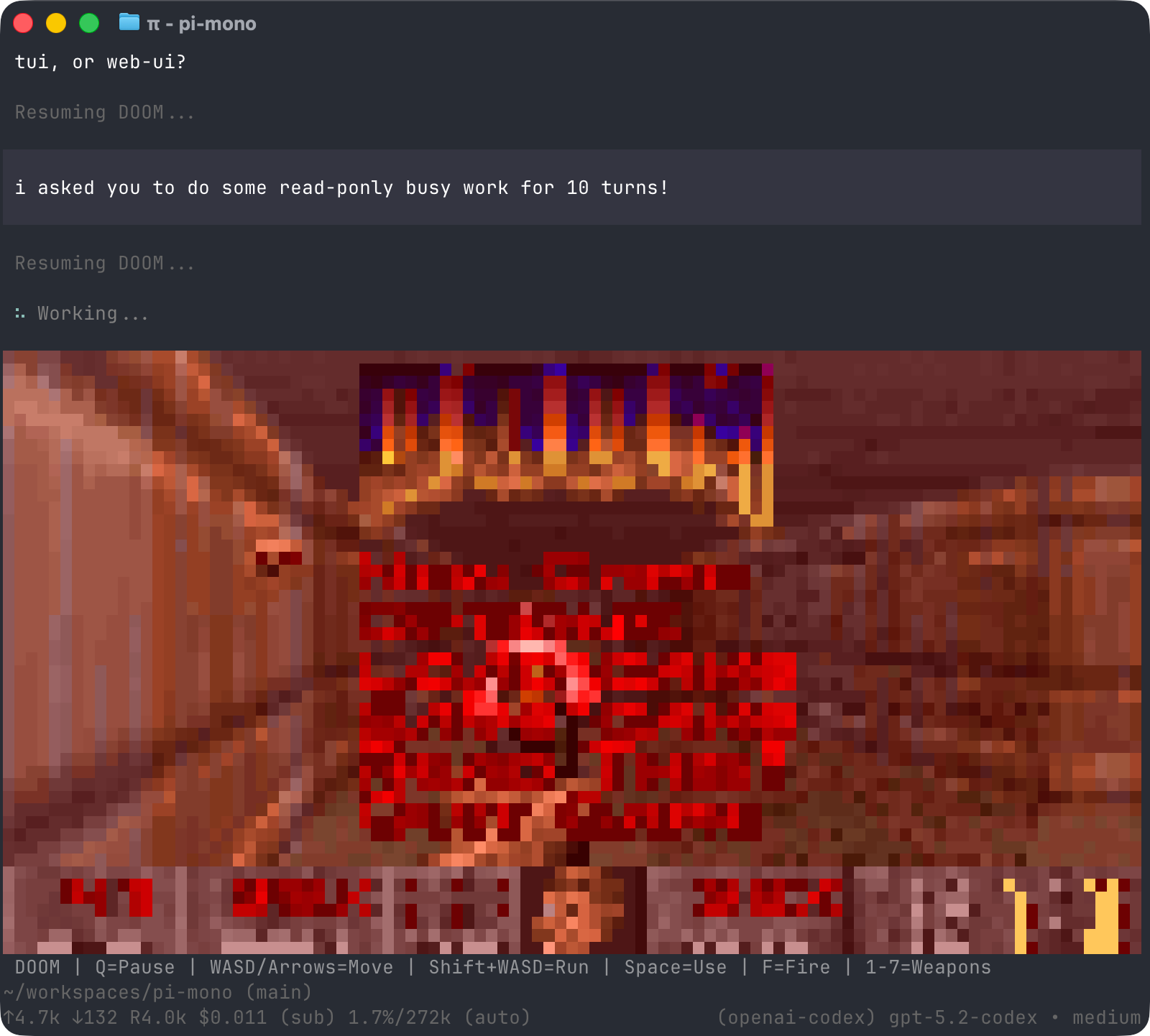 Pi's terminal interface running a DOOM extension while the agent works, with a footer showing token counts, cost, context use and the active model