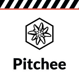 The Pitchee app icon: black and white clapperboard stripes at the top, my hexagon edelweiss logo, and the name Pitchee