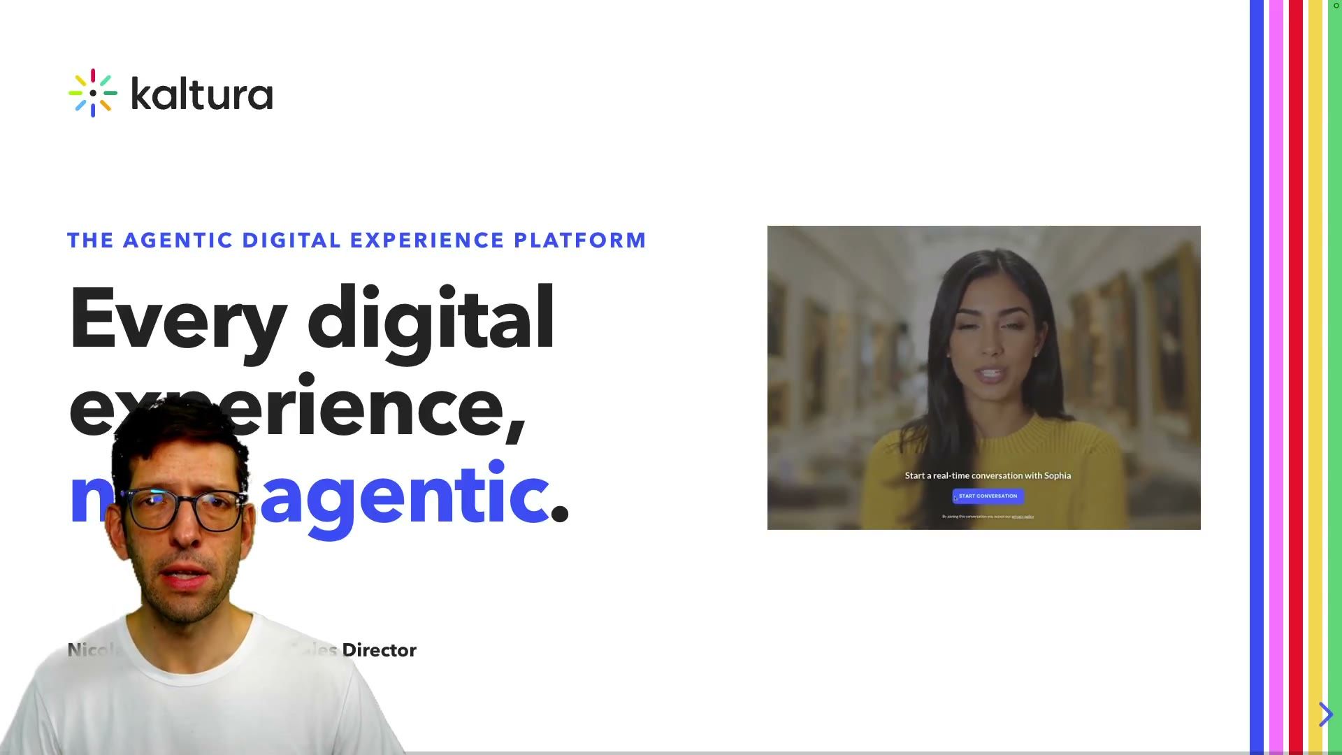 A frame of a Pitchee video: a Kaltura web page with an AI avatar fills the screen, and I sit keyed out of the green screen in the bottom-left corner