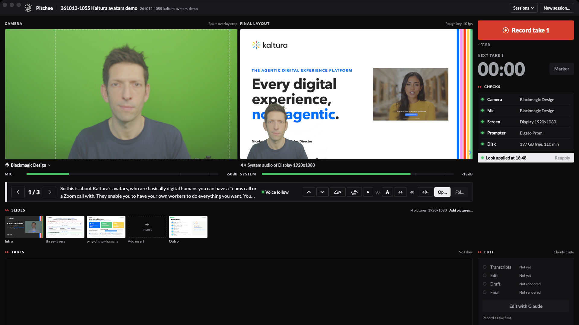 The Pitchee window: the camera preview on green screen and the final layout preview side by side, the red Record button and the checks on the right, the script paragraph with the prompter controls, the session slides, and the takes and Edit panels below