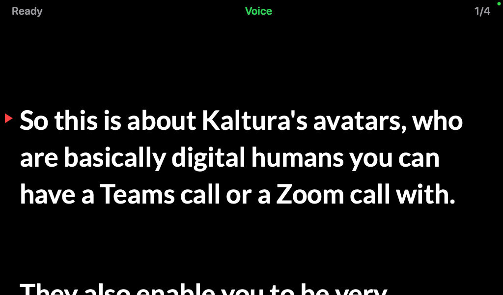 The Pitchee teleprompter: white script text on black, a red arrow marking the line to read, and a green Voice label at the top