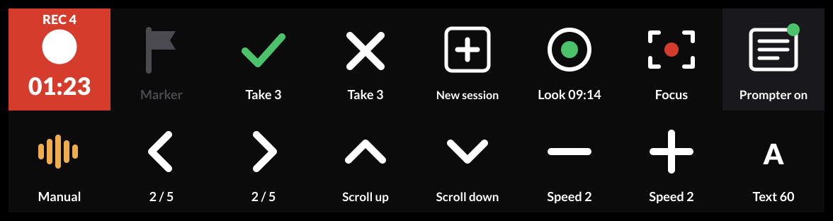 Pitchee keys on a Stream Deck: a red Record key with a running timer, Marker, Good and Bad take, New session, Camera look, Focus, the prompter keys, paragraph arrows, scroll and speed