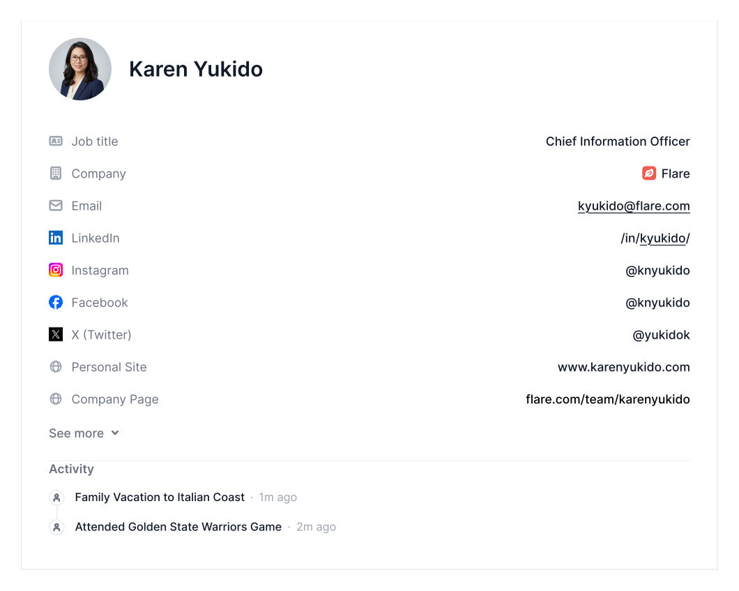 A Ploid Superprofile for a demo person: job title, company, work email, LinkedIn, Instagram, Facebook and X handles, personal site, and an activity feed with a family holiday and a basketball game