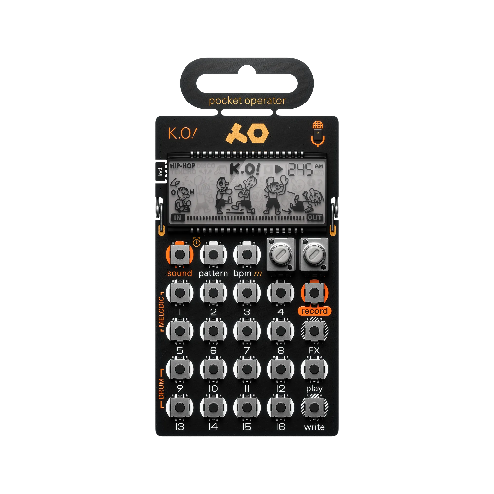 Teenage Engineering PO-33 K.O! pocket operator, its LCD showing the boxing animation above exposed circuit-board keys
