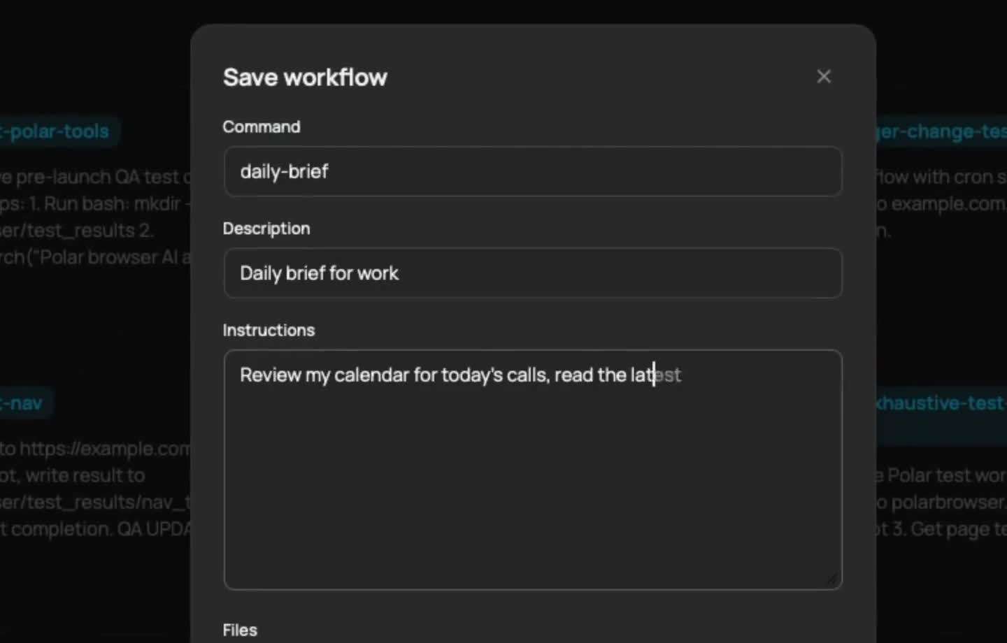 Polar's Save workflow dialog in dark mode with a command field set to daily-brief, a description reading Daily brief for work, and instructions starting Review my calendar for today's calls