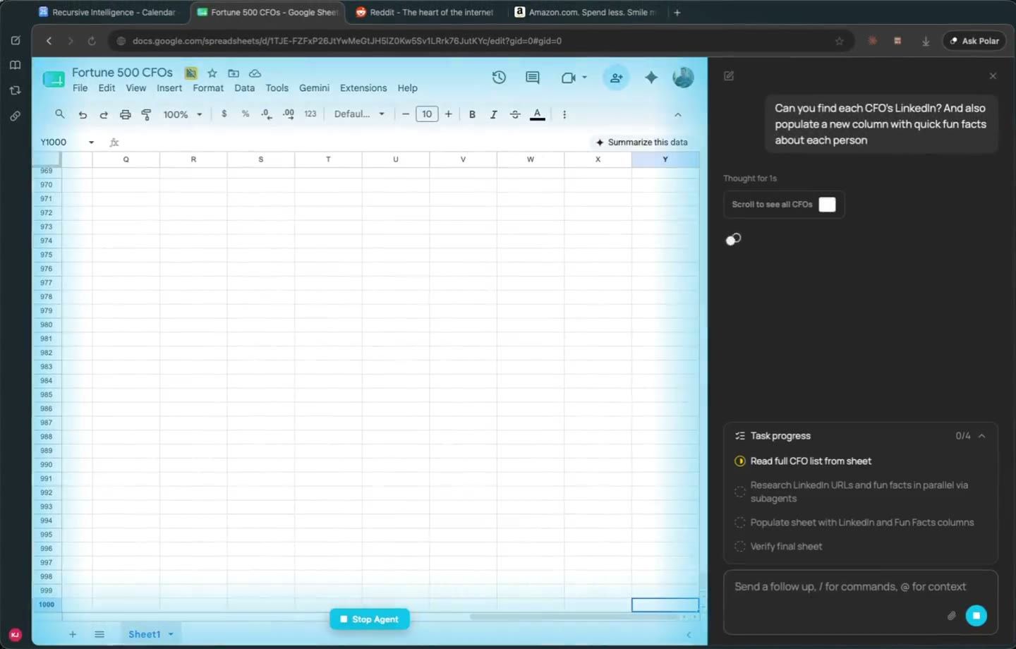 Polar browser with a Google Sheet called Fortune 500 CFOs open on the left and the Polar panel on the right, where a user asks it to find each CFO's LinkedIn and add fun facts, with a 4-step task progress list: read the list, research in parallel via subagents, populate the sheet, verify