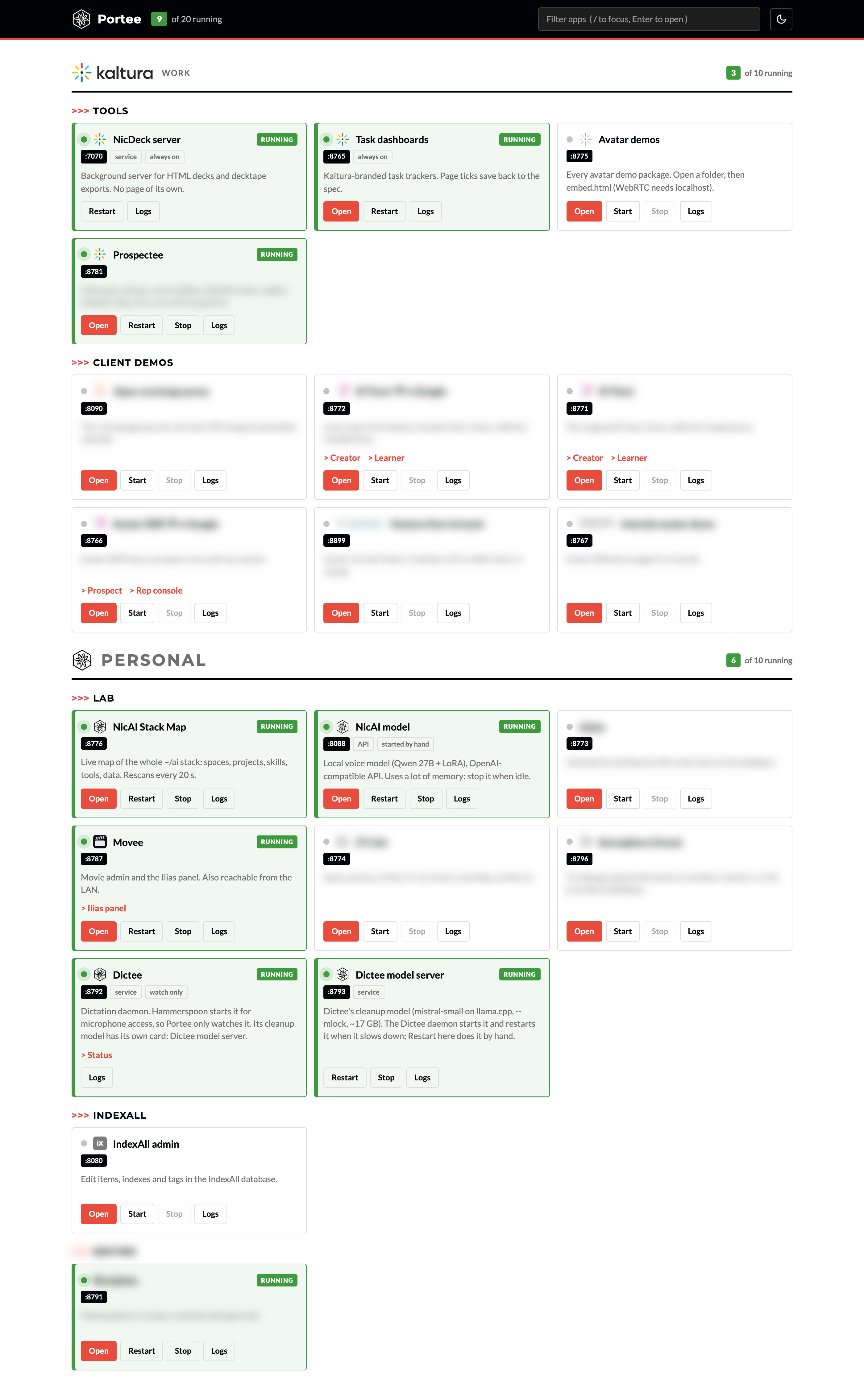 The Portee dashboard: black header with 9 of 20 apps running, the Kaltura work section with tools and blurred client demos, then the Personal section with NicAI Stack Map, the NicAI model on port 8088, Movee, Dictee and IndexAll admin, running apps highlighted in green
