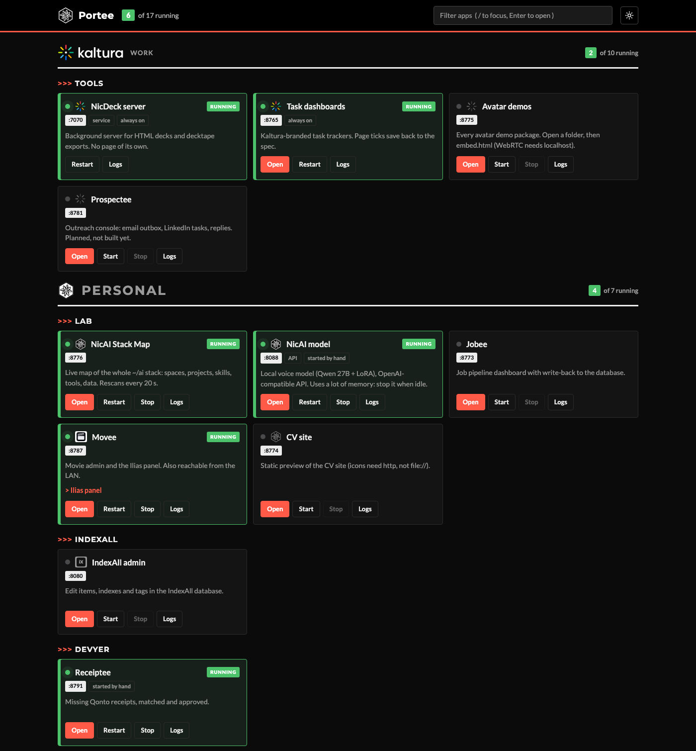 Portee in dark mode: the Kaltura tools and the Personal section, with NicAI Stack Map, NicAI model, Movee and Receiptee running in green
