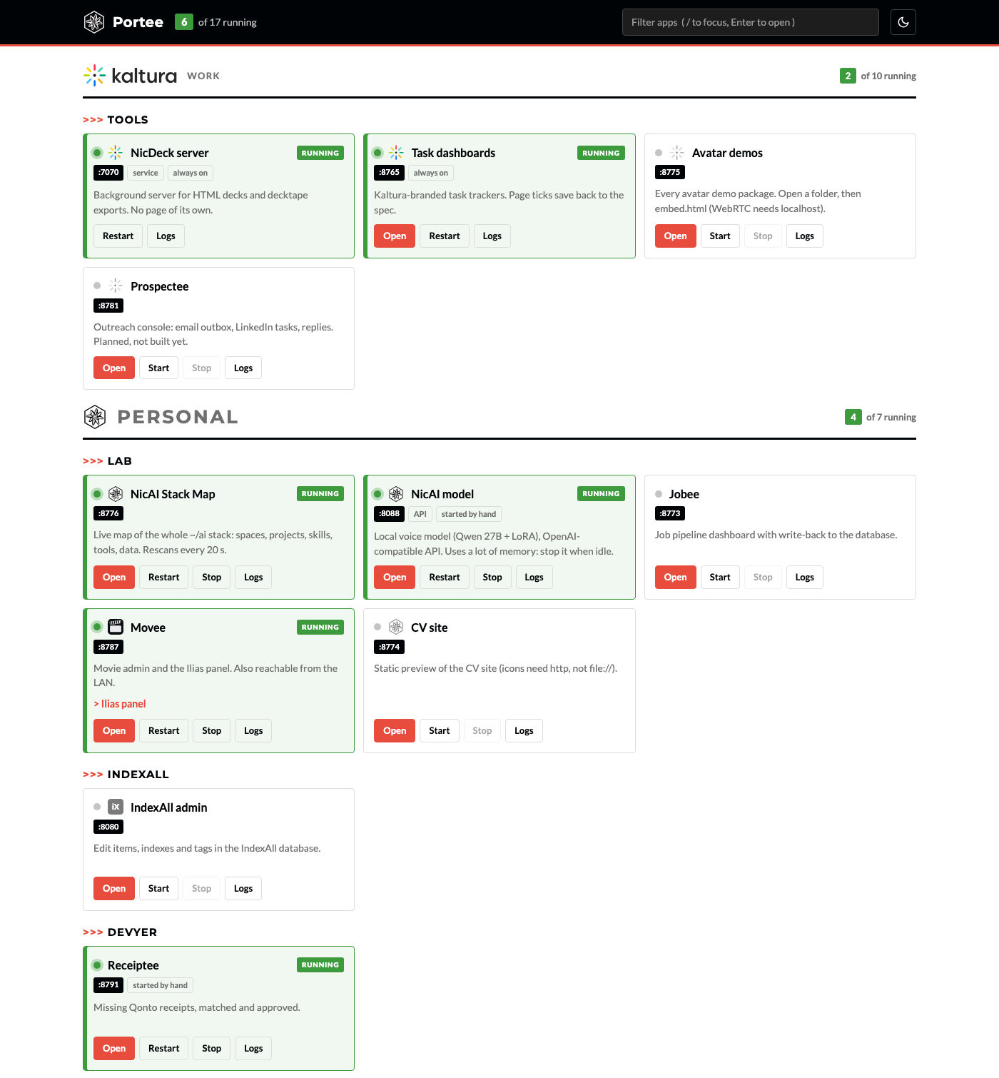 The Portee dashboard in light mode: black header with 6 of 17 apps running, the Kaltura tools, then the Personal section with Lab, IndexAll and Devyer cards, running apps in green
