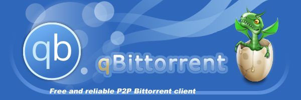 qBittorrent banner: the blue qb logo and the qBittorrent name next to a green cartoon dragon in an egg, with the line Free and reliable P2P Bittorrent client