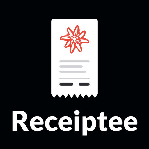 The Receiptee app icon: a white receipt with a torn edge and a red edelweiss on black, with the name Receiptee under it