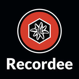 The Recordee app icon: a red record button in a white ring, with the white edelweiss hexagon logo in the middle, on black, and the name Recordee under it