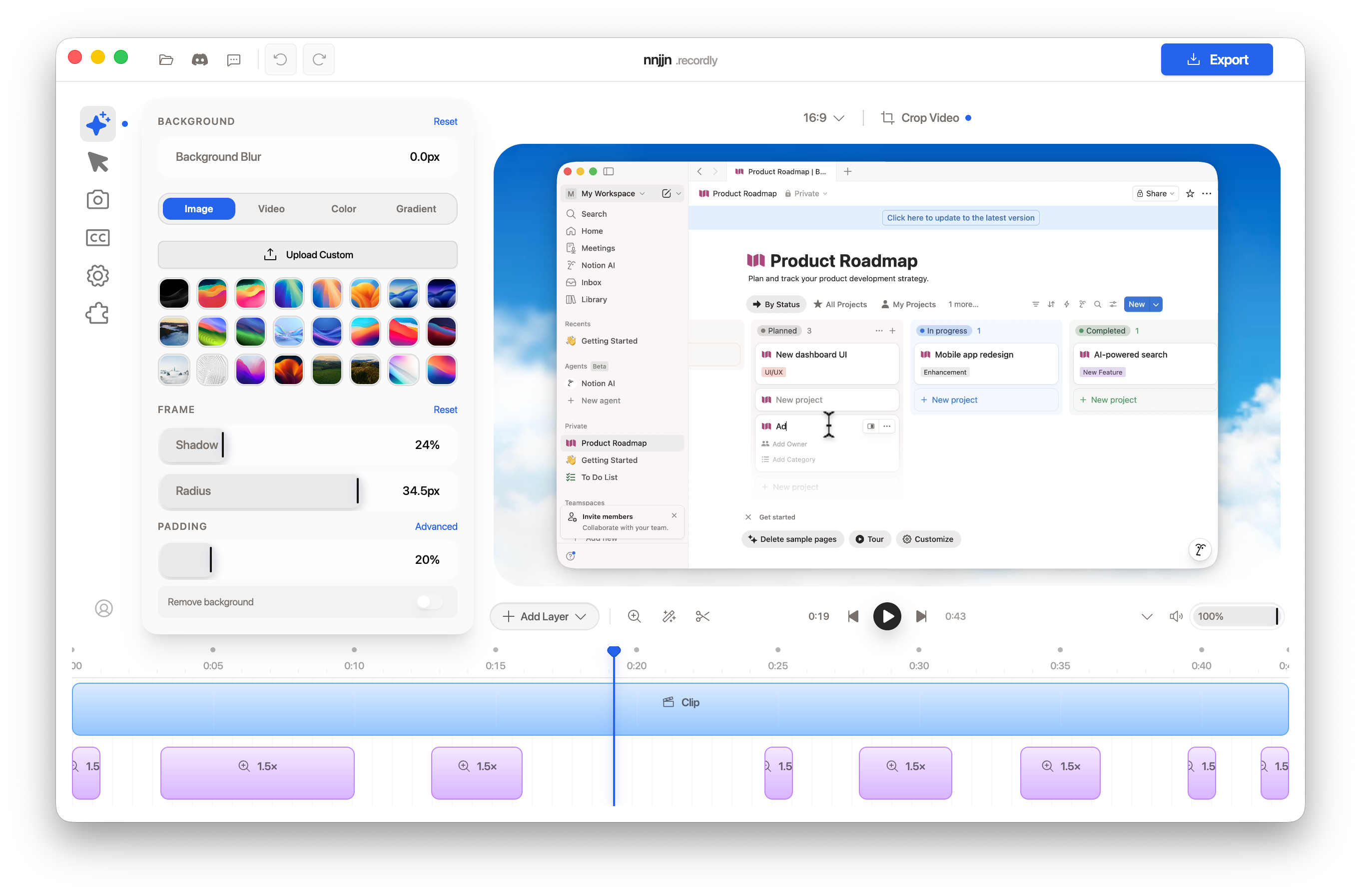 The Recordly editor: background, frame and padding controls down the left, a framed screen recording in the preview, and a timeline below stacked with purple 1.5x auto-zoom blocks