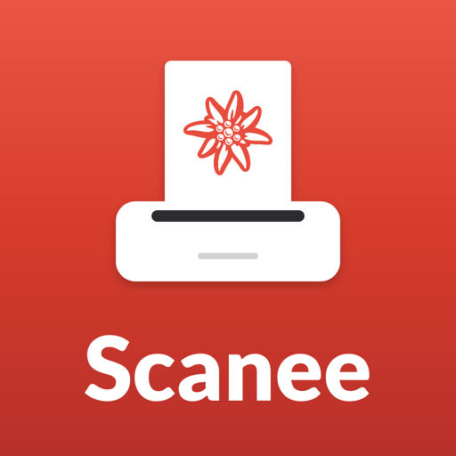 The Scanee app icon: a white page with a red edelweiss coming out of a scanner, on a red gradient square, with the name Scanee under it
