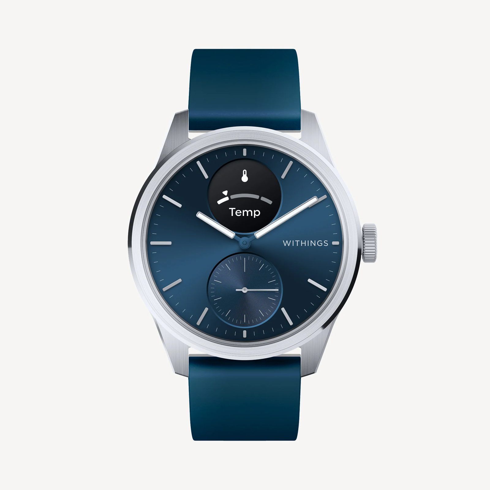 Withings ScanWatch 2 in 42mm steel with a deep blue sunburst dial, the PMOLED window showing a temperature gauge above the small seconds subdial