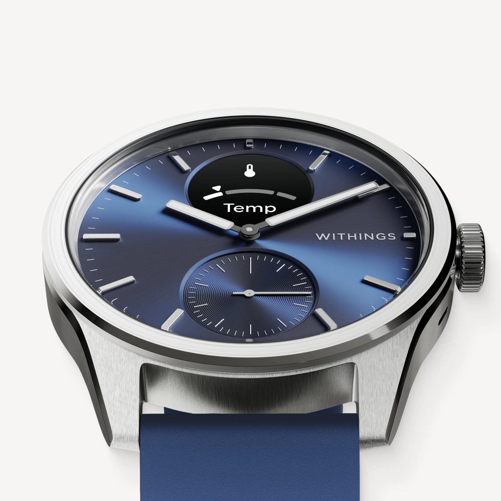 Close-up of the ScanWatch 2 case showing the domed sapphire crystal, brushed and polished steel finishing, and the fluted crown