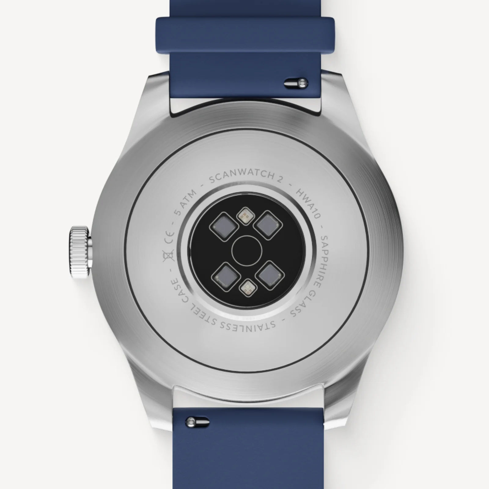 ScanWatch 2 caseback showing the four-photodiode optical sensor array and the engraving reading 5 ATM, SCANWATCH 2, HWA10, sapphire glass, stainless steel case