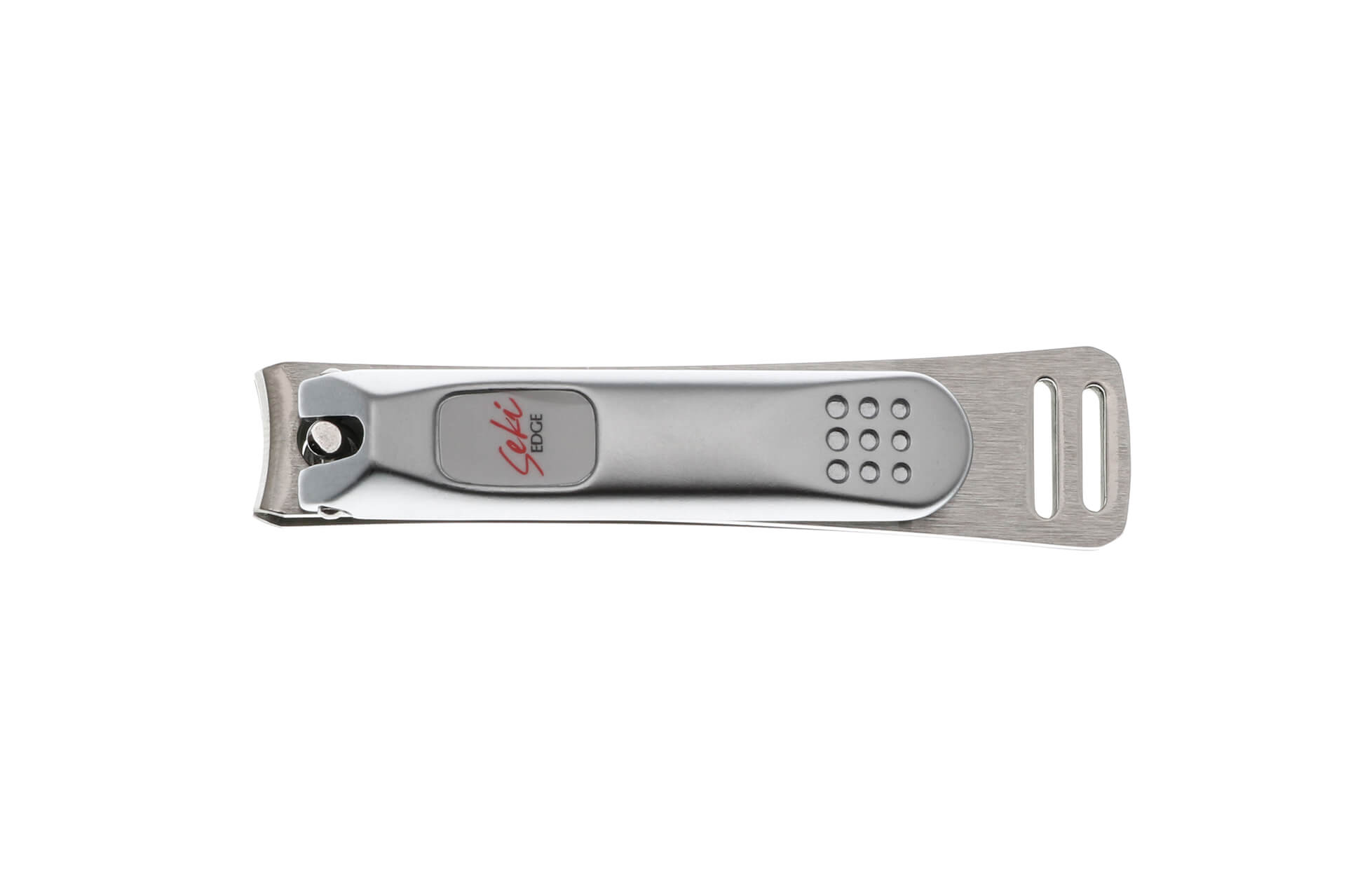 Seki Edge SS-106 fingernail clipper seen from above: a brushed stainless steel body with a red Seki Edge logo and a grid of 9 grip dots on the lever