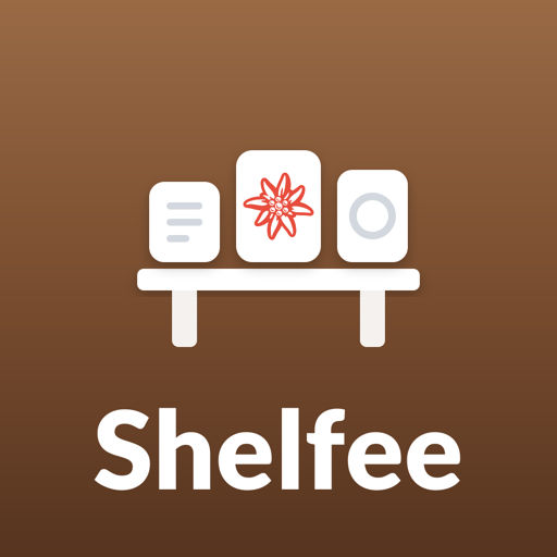 The Shelfee app icon: a white shelf holding 3 small tiles, the middle one with a red edelweiss, on a walnut-brown plate with the name Shelfee under it