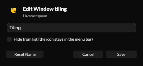 The Shelfee Edit window in dark mode with dummy data: the heading Edit Window tiling, the app name Hammerspoon, a name field holding Tiling, a Hide from list checkbox, and Reset Name, Cancel and Save buttons