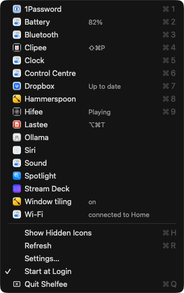The Shelfee menu in dark mode with dummy data: 17 rows from 1Password to Wi-Fi, each with the app's icon, a name, grey state text such as Up to date, Playing and connected to Home on the same line, and Command-1 to Command-9 shortcuts on the first 9 rows, then Show Hidden Icons, Refresh, Settings, Start at Login and Quit Shelfee