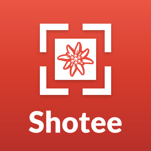 The Shotee app icon: a capture frame around a red edelweiss on a red gradient square, with the name Shotee under it