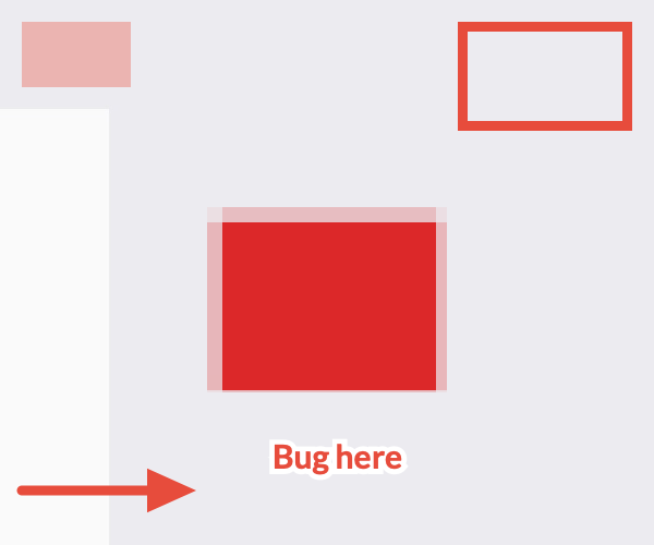 A Shotee editor test image with flat coloured test shapes, annotated with a red arrow, a red outline rectangle, a translucent highlight and the text Bug here in red with a white outline