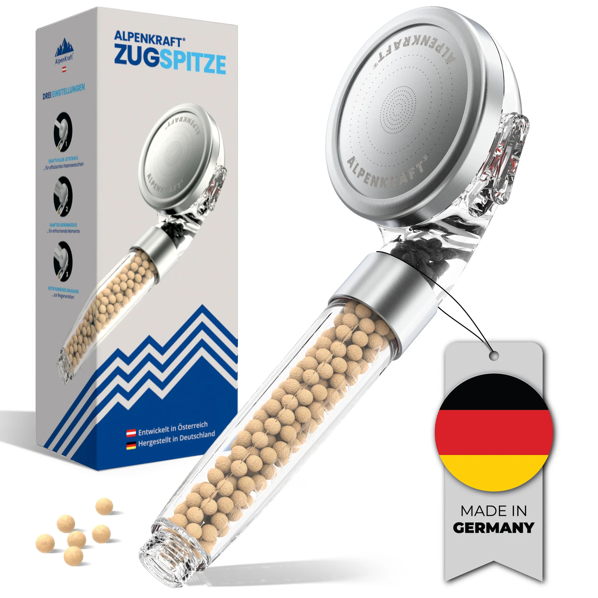 Alpenkraft ZugSpitze shower head with its mineral bead filter cartridge, shown beside the retail box