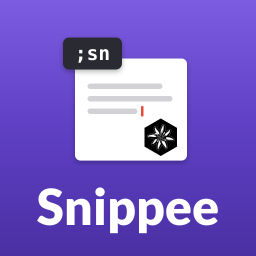 The Snippee app icon: a violet square with a white document, a ;sn key cap and the edelweiss logo above the word Snippee