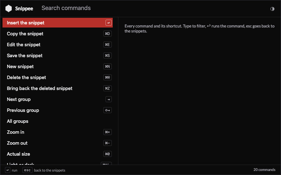 The Snippee command list in dark mode: insert, copy, edit, save, new, delete, undo, group navigation and zoom, each with its keyboard shortcut