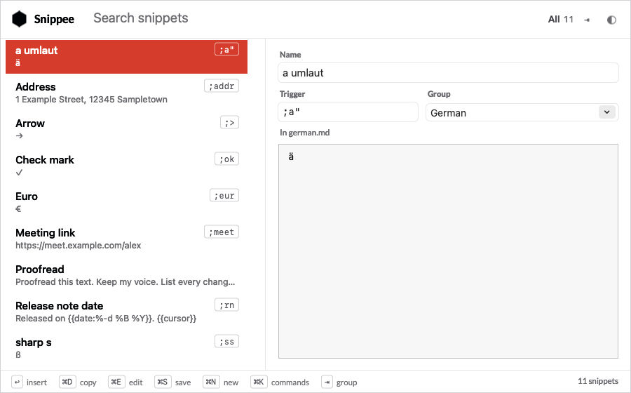 The Snippee panel in light mode: a list of dummy snippets on the left, each with its trigger in a key cap, and the selected snippet's name, trigger, group and text on the right