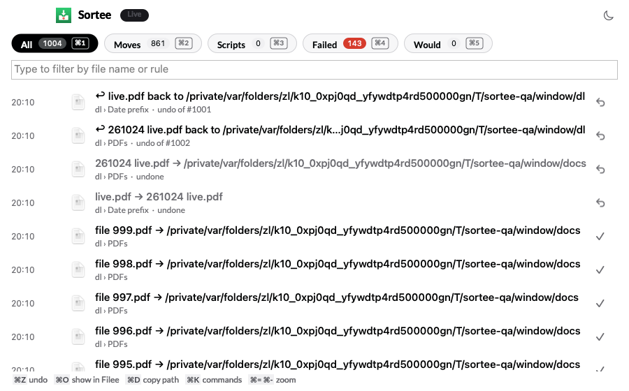 The Sortee Activity window in light mode on QA test data: the logo and a Live badge, filter pills for All, Moves, Scripts, Failed and Would with their counts and keys, a filter field, and rows of test PDF files with their time, rule name and new folder, some of them undone, and a footer with the keys