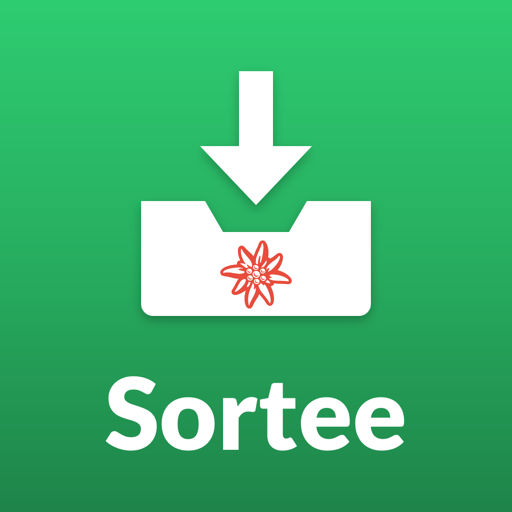 The Sortee app icon: a white arrow dropping into a tray with a red edelweiss on a green gradient square, with the name Sortee under it