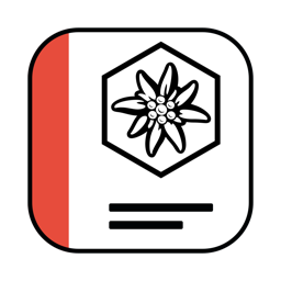 The Stickee app icon: a white rounded square with a red bar on the left, the hexagon edelweiss logo and 2 black text lines