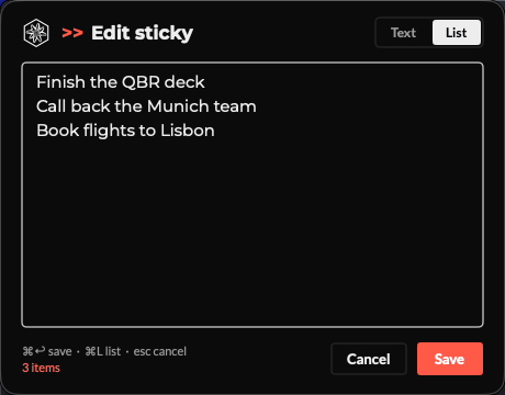 The Stickee composer in dark mode: edelweiss logo, red double chevron and the title Edit sticky, a Text and List switch set to List, 3 tasks in the editor, a shortcut hint row, a red 3 items counter and a red Save button