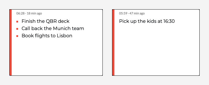 Two Stickee notes side by side: a list of 3 tasks with red square bullets, and a plain text note, each showing its creation time and how many minutes ago it was written