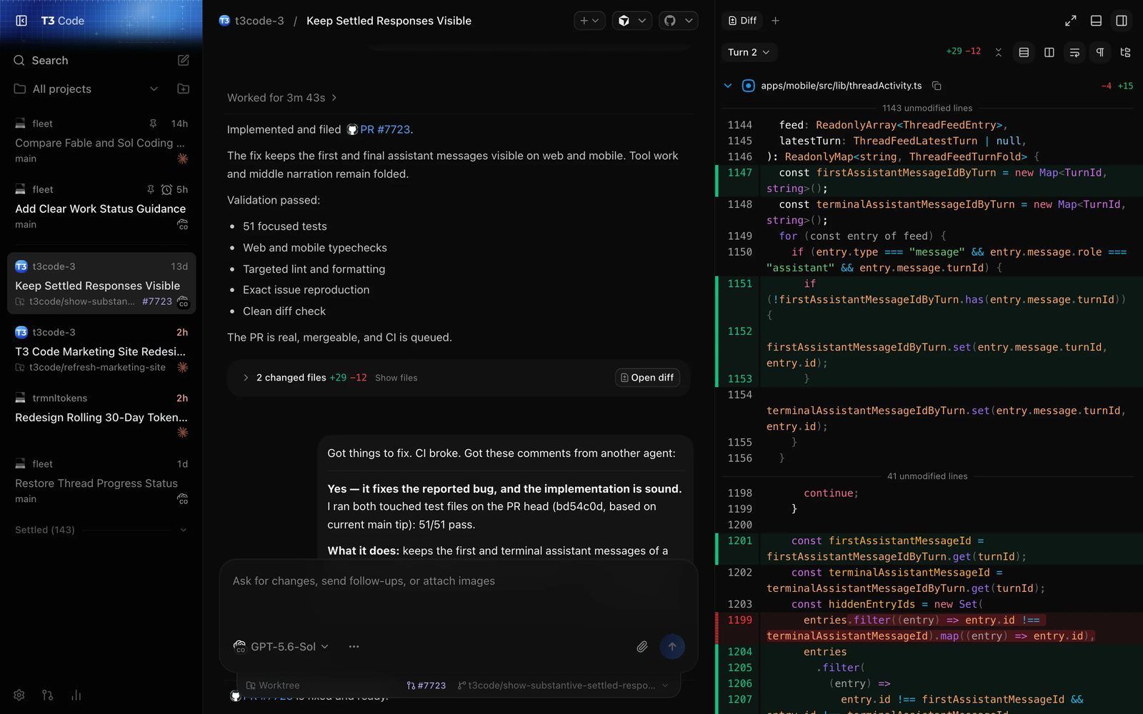 T3 Code desktop app with a list of agent threads on the left, a finished thread in the middle reporting PR #7723 and its passing checks, and a line-by-line diff of a TypeScript file on the right