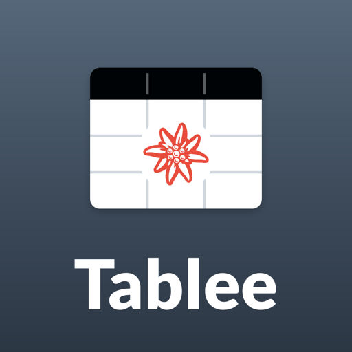 The Tablee app icon: a white table grid with a black header row and the red edelweiss in the middle, on a slate gradient square, with the name Tablee under it