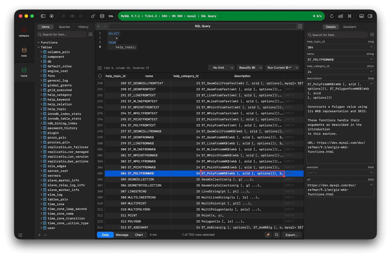 TablePlus in dark mode: a table list in the sidebar, a large table of MySQL function names and descriptions in the centre, and a details panel on the right