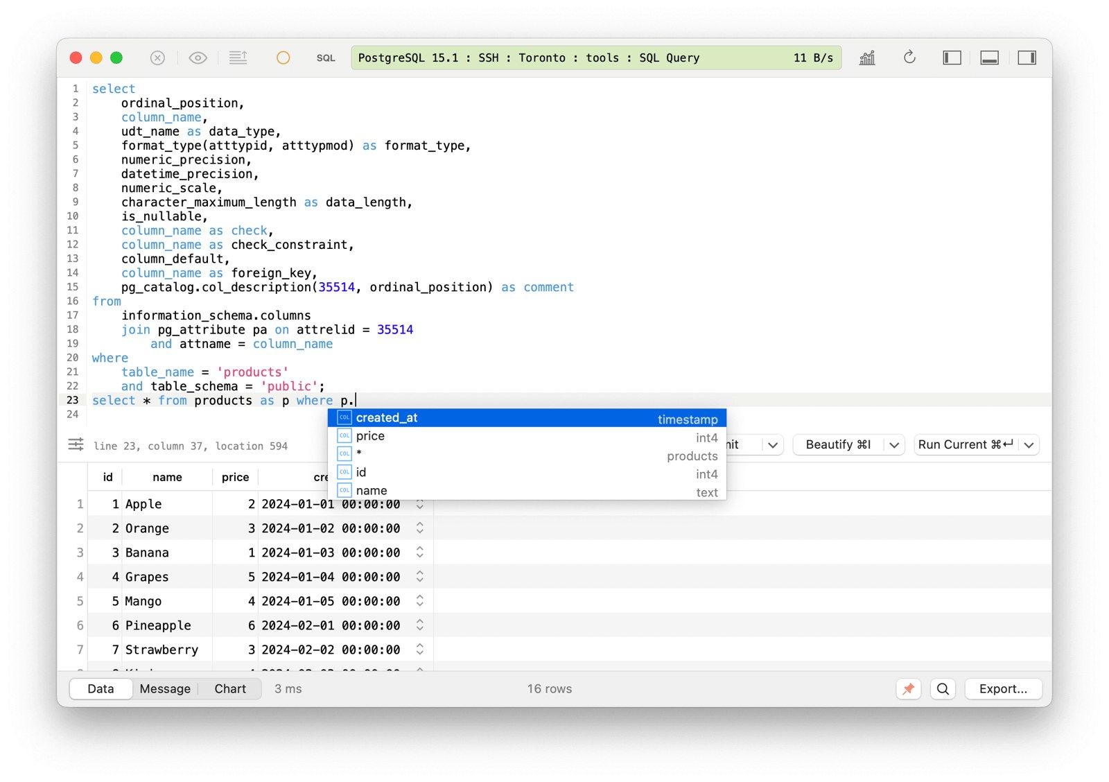 TablePlus SQL editor on a Mac connected to PostgreSQL over SSH: a query with autocomplete suggestions open on a column name, and the result rows of a products table below