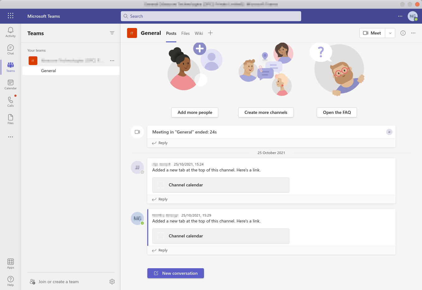 Teams for Linux window showing a team's General channel, with the Teams sidebar on the left and channel posts and a New conversation button on the right