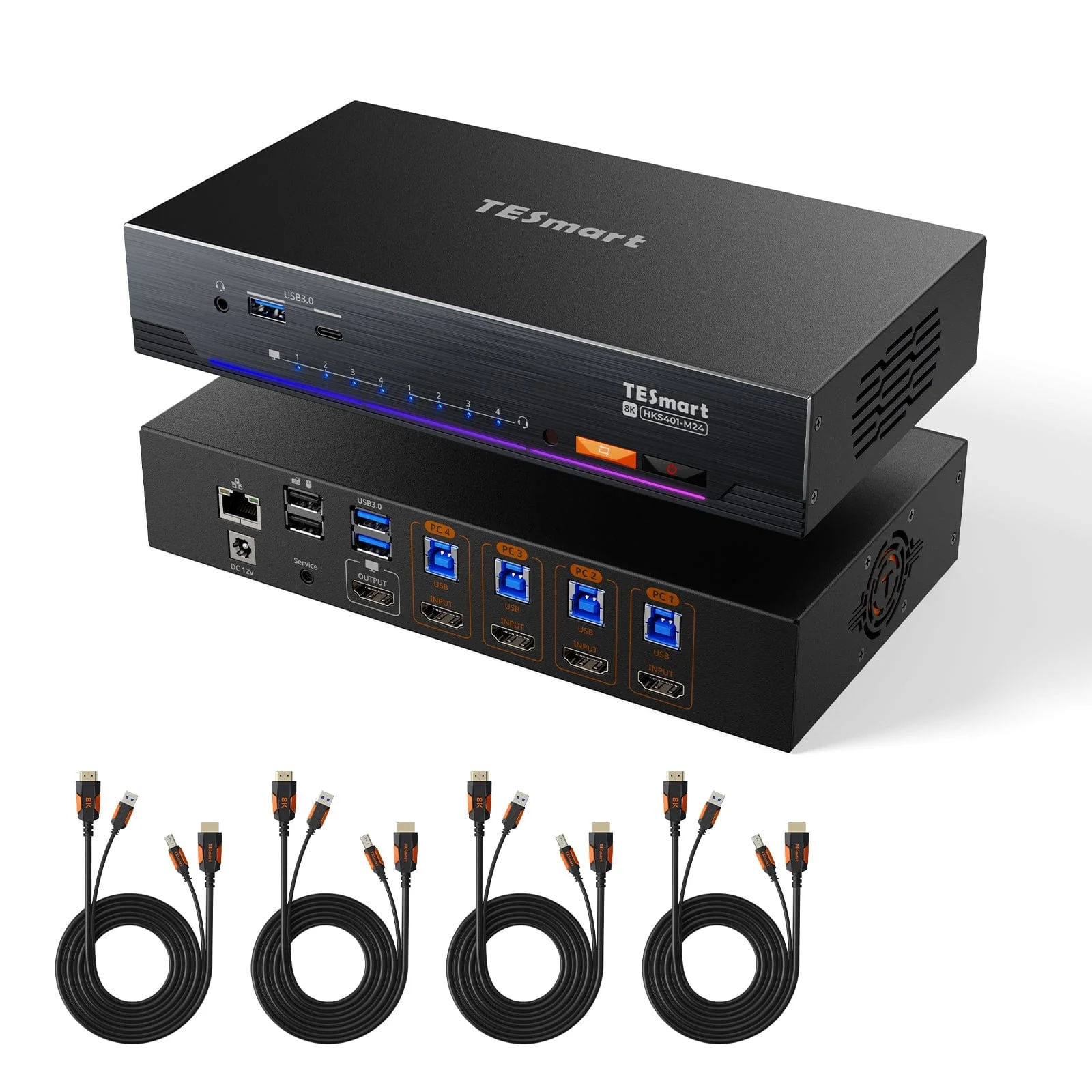 TESmart HKS401-M24 shown front and back: the front has a headphone jack, USB-A and USB-C, an RGB light bar and numbered indicators, the rear has DC power, an RJ45 socket, four USB ports, one HDMI output and four PC blocks each pairing a USB-B socket with an HDMI input, plus the four bundled HDMI and USB cables