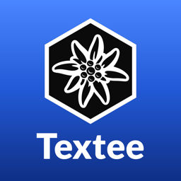 The Textee app icon: the hexagon edelweiss logo on a blue gradient square, with the name Textee under it