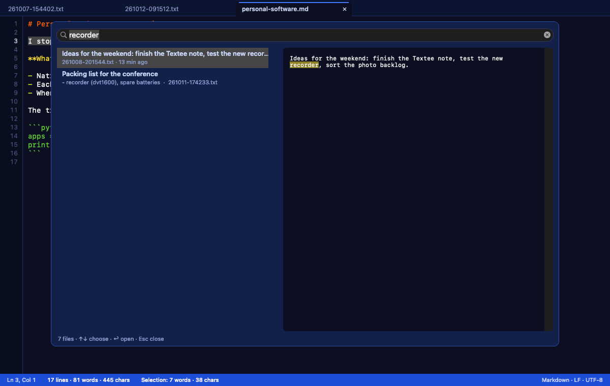 Textee quick open searching scratch files for the word recorder: 2 results on the left, each with its first line as the title, and a preview on the right with the match highlighted