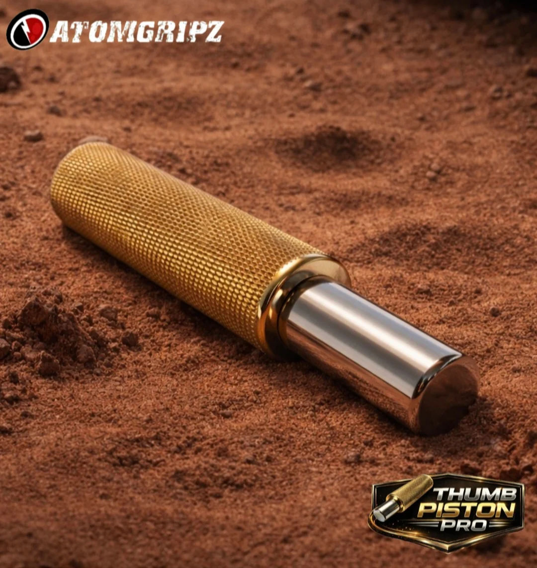 Atomgripz Thumb Piston Pro in brass, a heavily knurled cylindrical handle with a mirror-polished stainless piston protruding from one end, lying on red sand