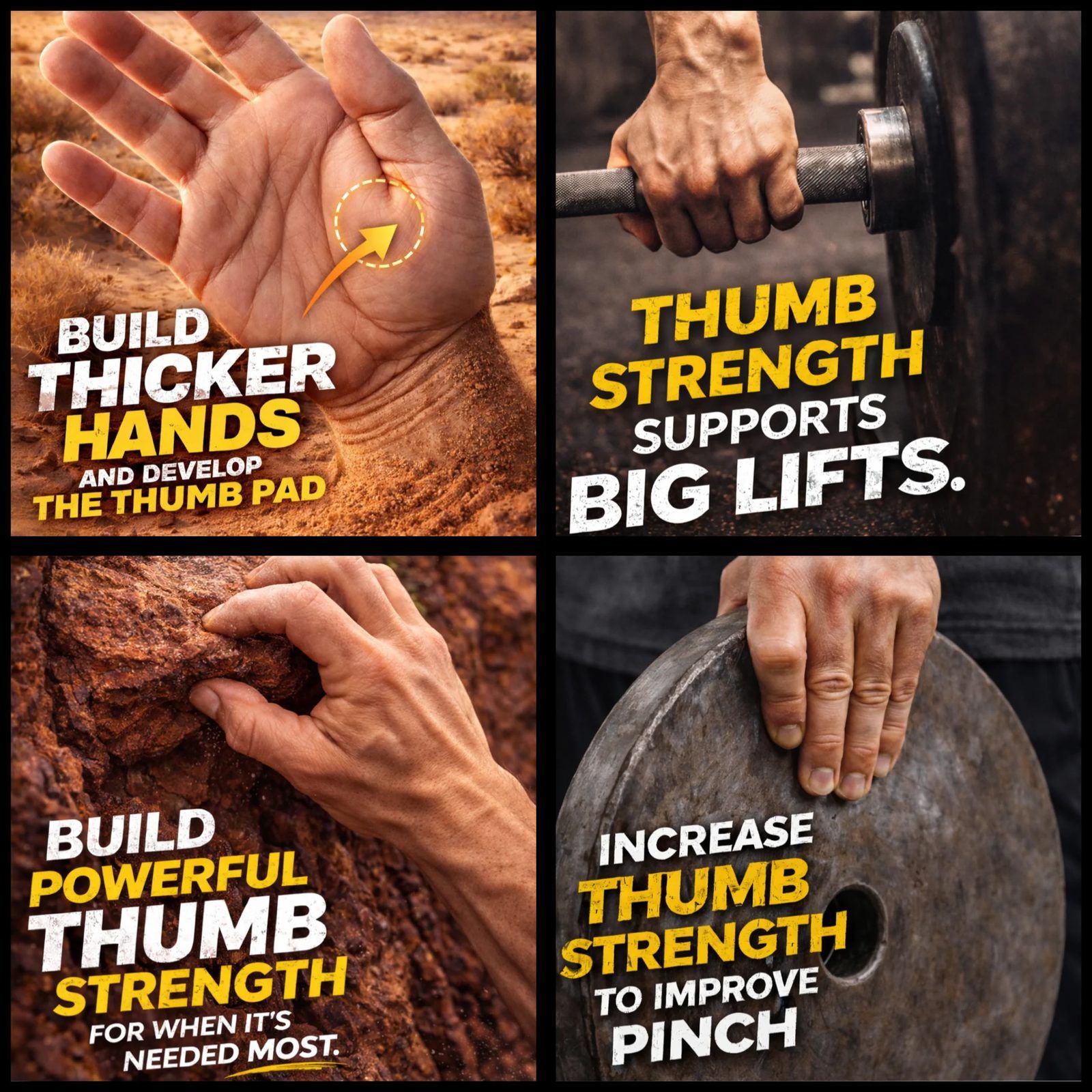 Four Atomgripz panels: a palm with the thumb pad circled, a hand gripping a loaded barbell, fingers crimping a rock edge, and a hand pinching a bare weight plate