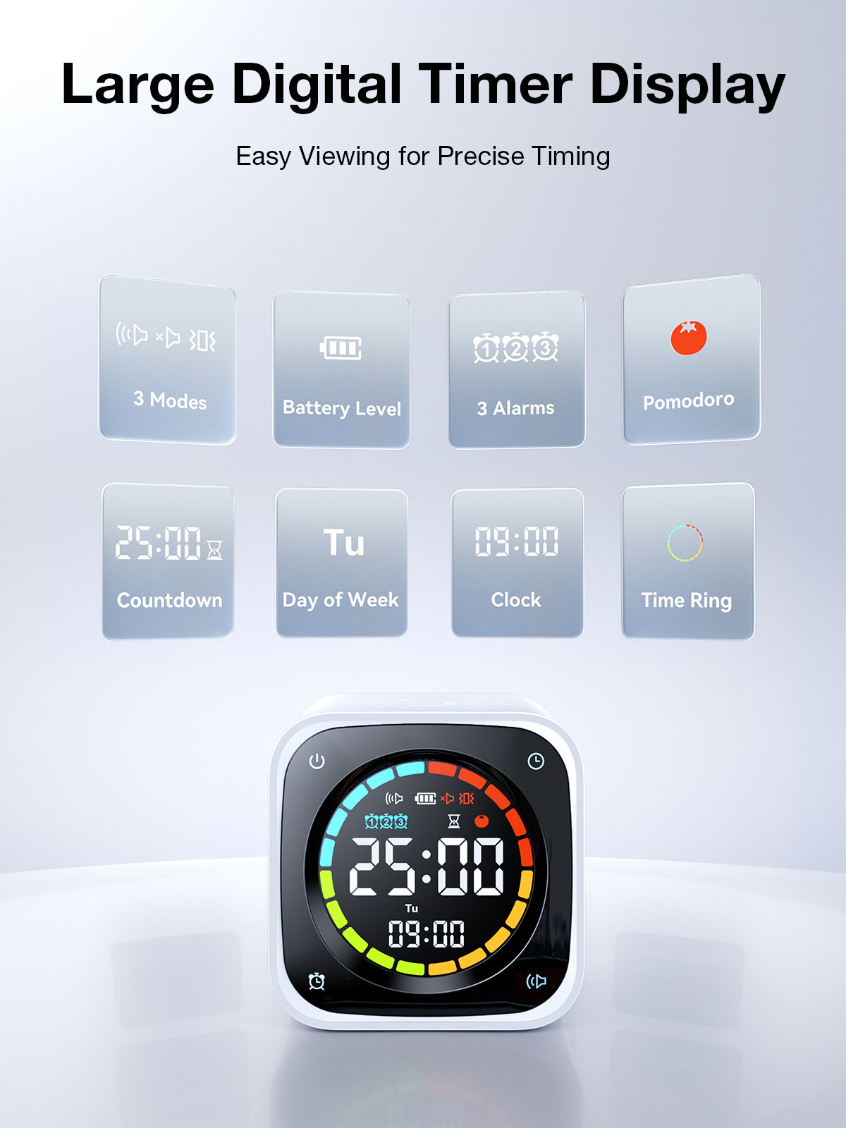Diagram of the TK3 screen elements: alert mode icons, battery level, three alarm markers, Pomodoro tomato, countdown digits, weekday, clock and the coloured time ring