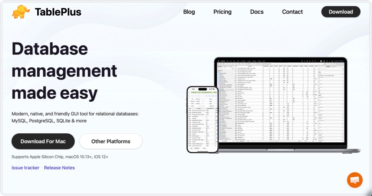 TinyWeb's borderless window showing only the TablePlus homepage, with no toolbar, tabs or address bar